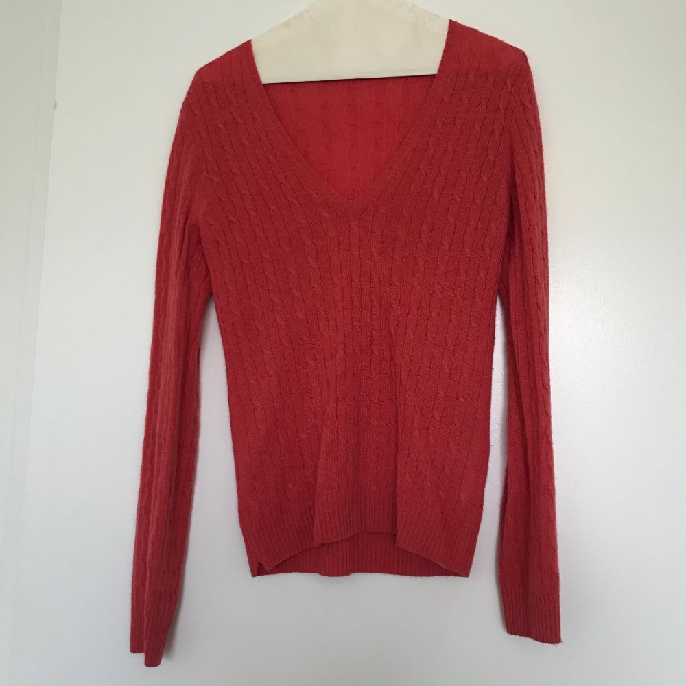 J Crew Cashmere V-Neck Cable Knit Sweater Salmon